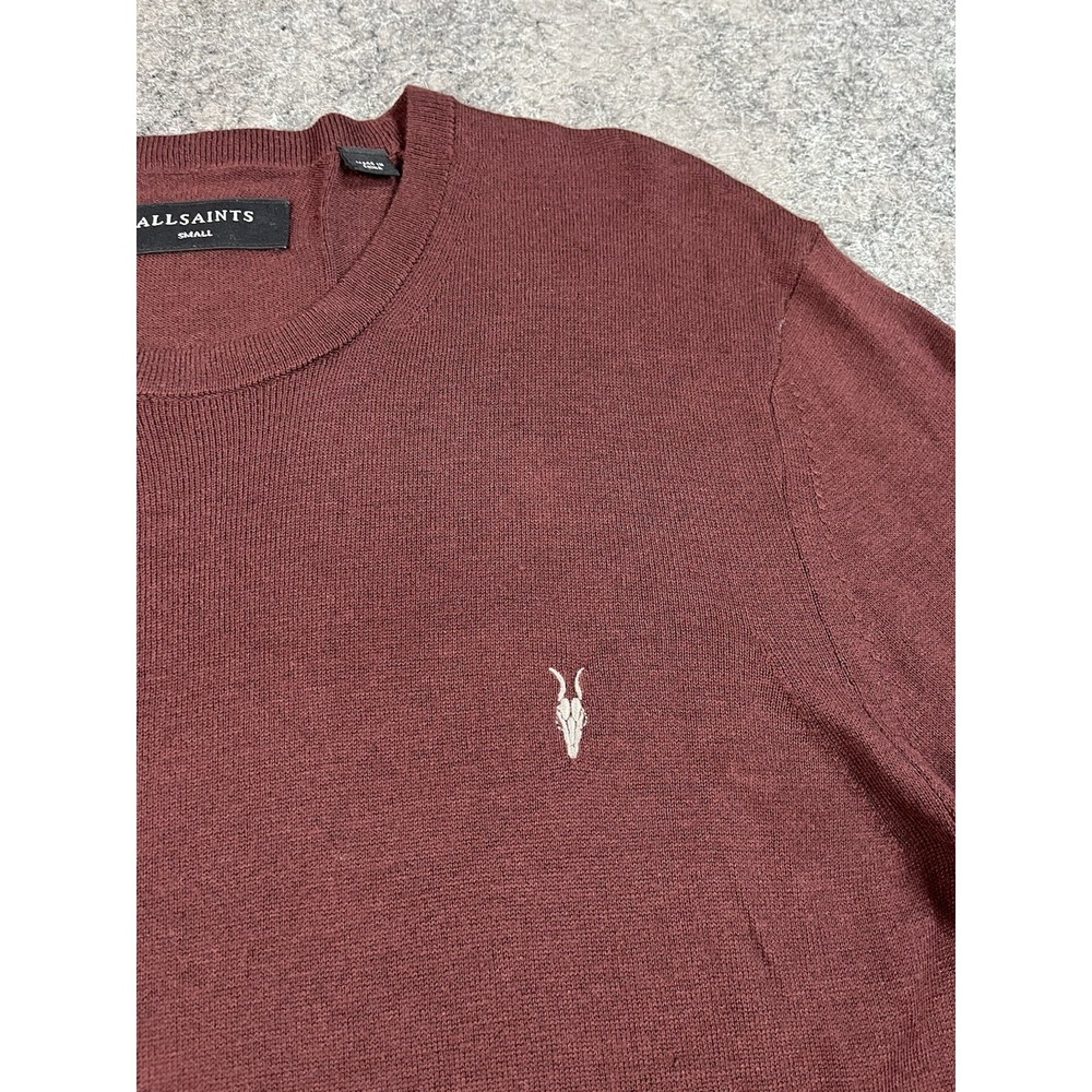AllSaints Sweater Mens Small Burgandy Wool Blend Crewneck Skull Logo Pullover - Picture 5 of 10